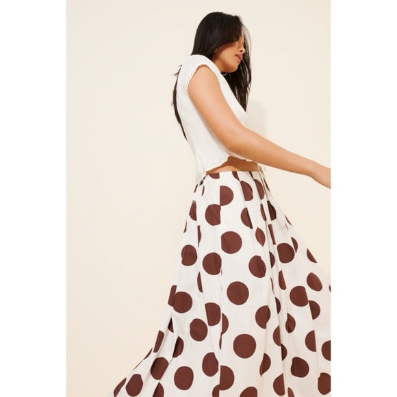 NWT Anthro Maeve Cotton Poplin Pleated Cream and Brown Polka Dot Midi Skirt XS - Picture 11 of 15